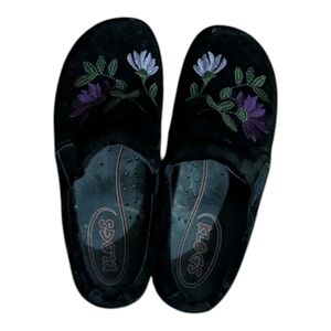 Klogs Black Embroidered Floral Suede Mules